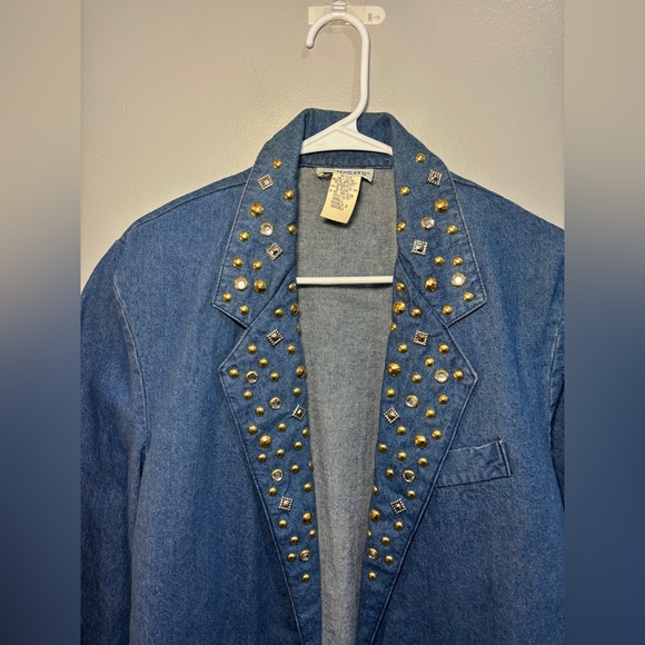 Vintage IDEAS Denim Jacket Blazer Unlined Gold Rhinestone Studded Size Small - Picture 11 of 11